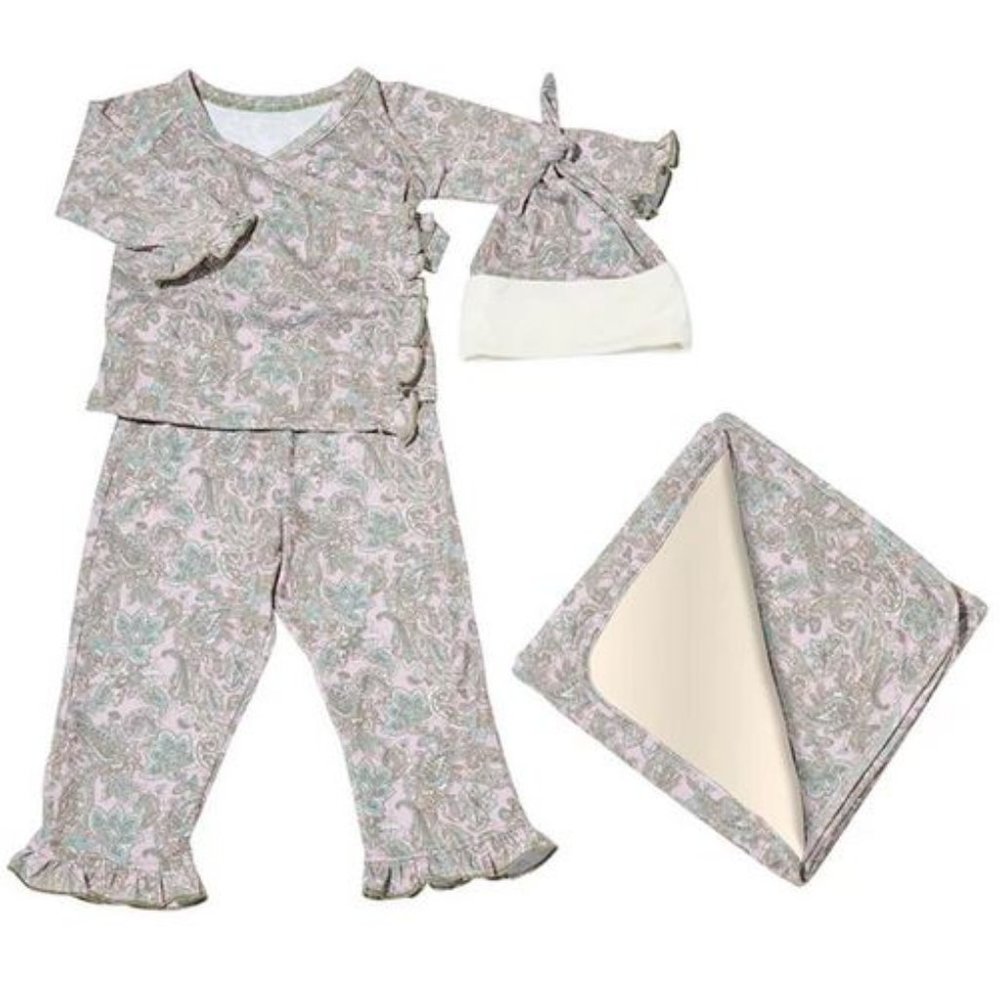 Everly Grey Paisley Wrap Top, Pants & Hat Set